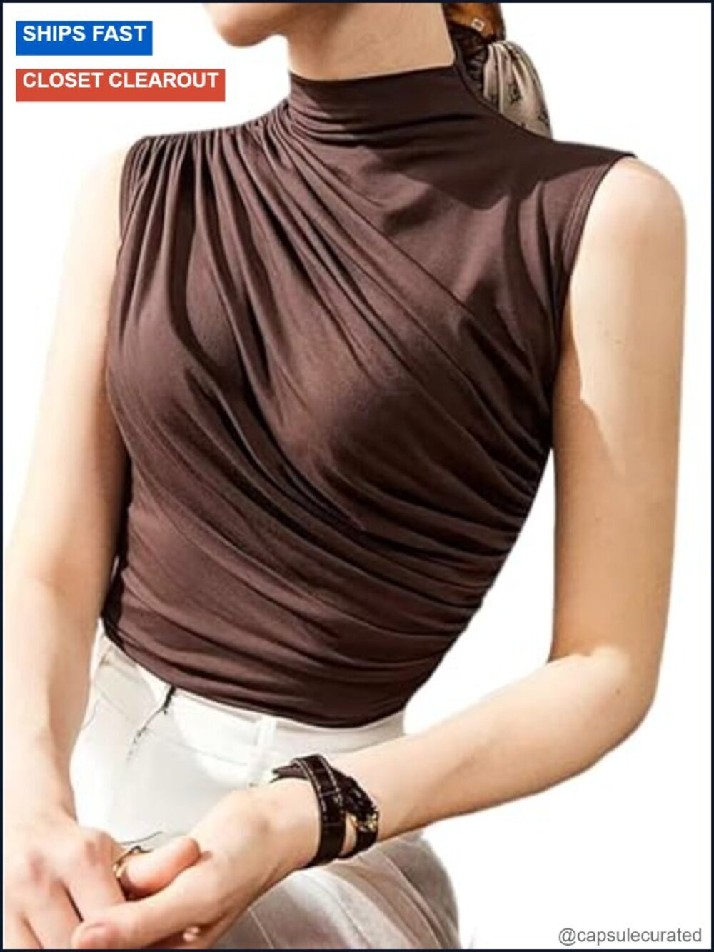 Women's Sleeveless Mock Turtleneck Ruched Tank Top - Viscose Blend
